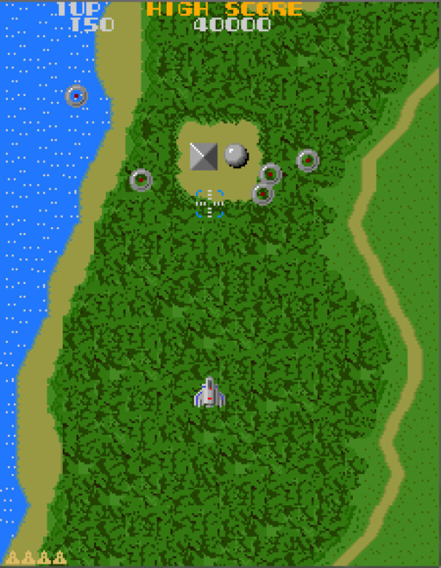 1980s retro pixelated arcade shooter game with airplane flying over forest and coastline, showing vintage 80s gameplay.