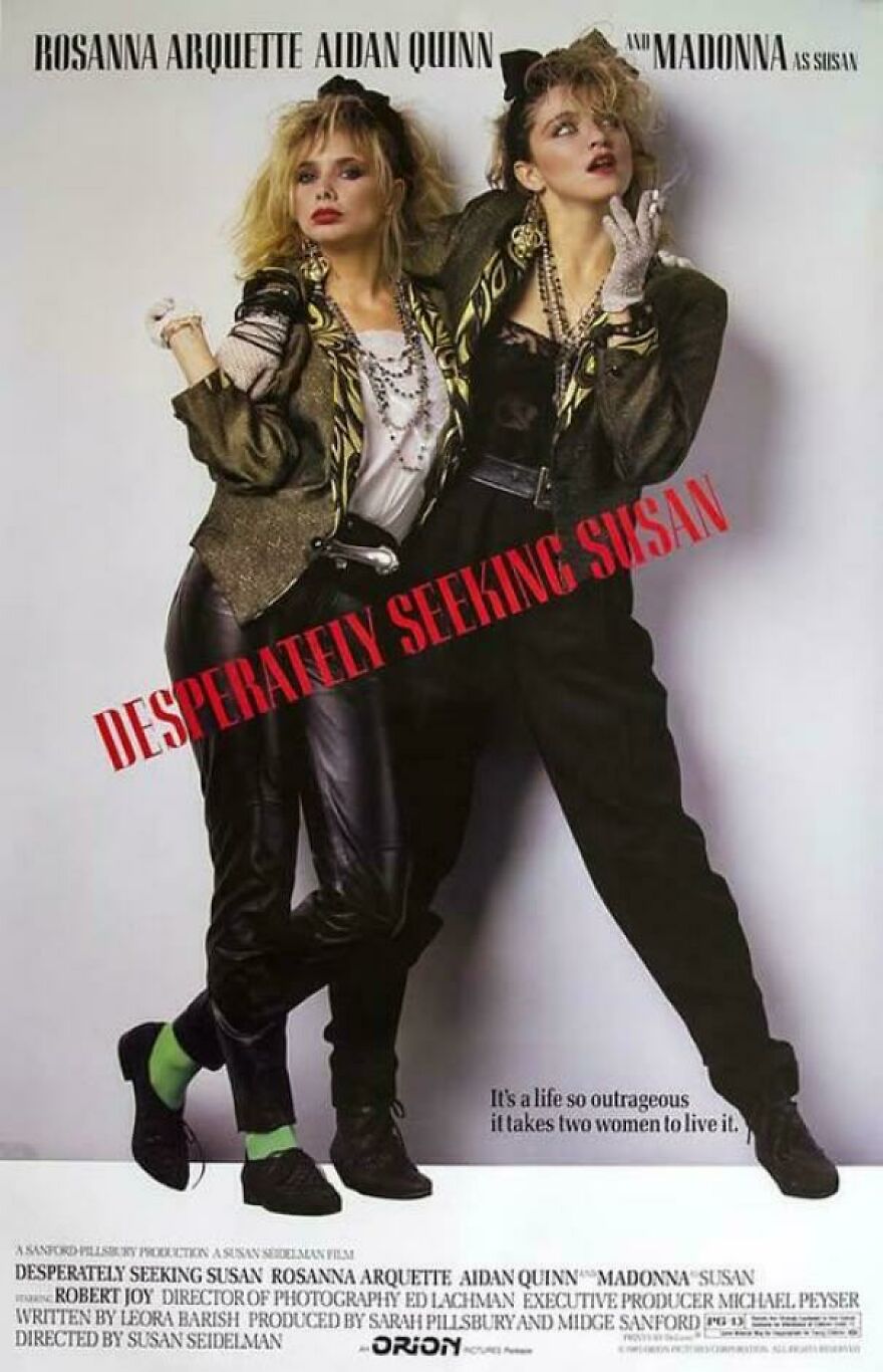Poster of 80s movie Desperately Seeking Susan featuring iconic fashion and styles from parts of 80s lives that don't exist anymore.