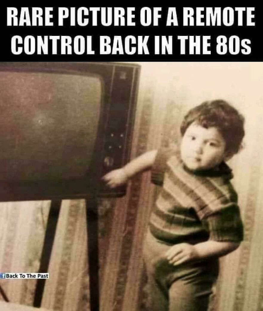 Child using a vintage television as a remote control, illustrating parts of 80s life that don’t exist anymore.