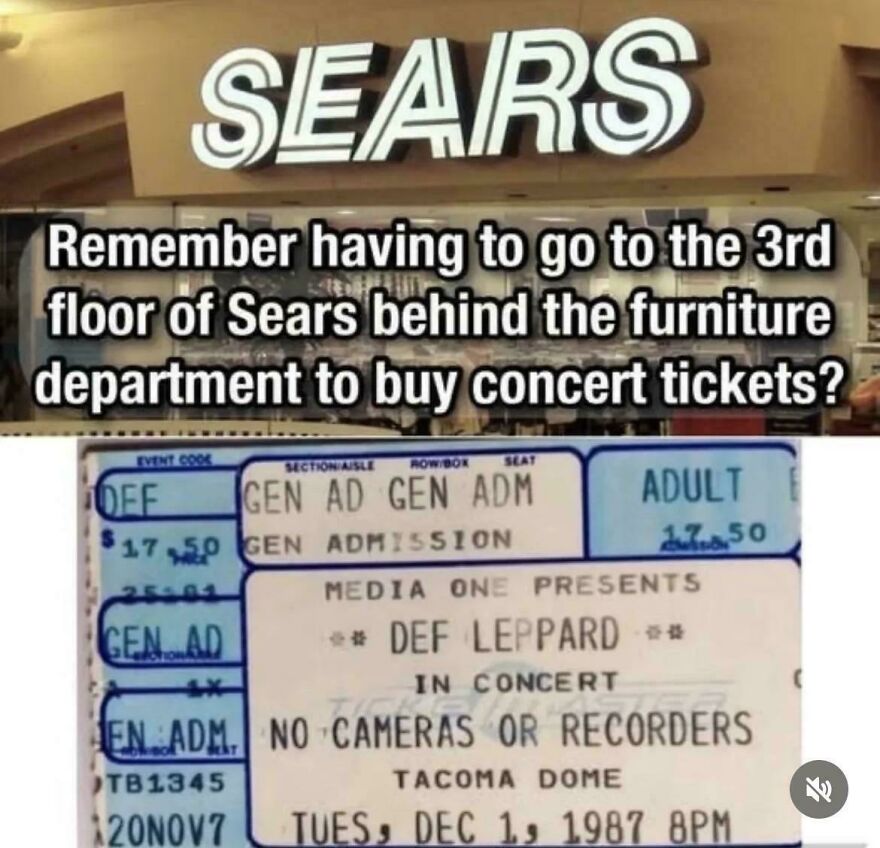 Sears store interior showing nostalgic concert ticket purchase process from the 80s no longer existing today.