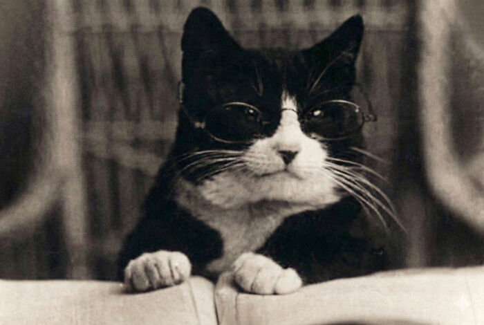Black and white cat wearing round glasses, sitting with paws on a chair, symbolizing cats having jobs in capitalism.