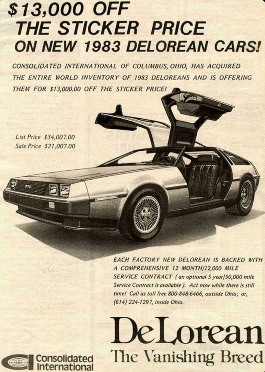1980s DeLorean car vintage advertisement showing gull-wing doors with discount, reflecting parts of lives that don’t exist anymore