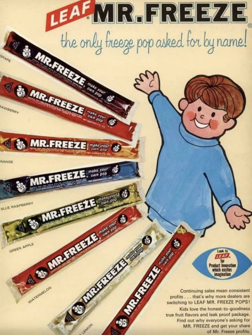 Vintage 80s Mr. Freeze freeze pops in various flavors displayed with a cartoon boy in retro advertisement style.
