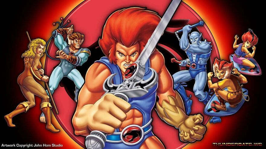 Animated characters from 80s Thundercats series in action poses with vibrant colors and dynamic background.