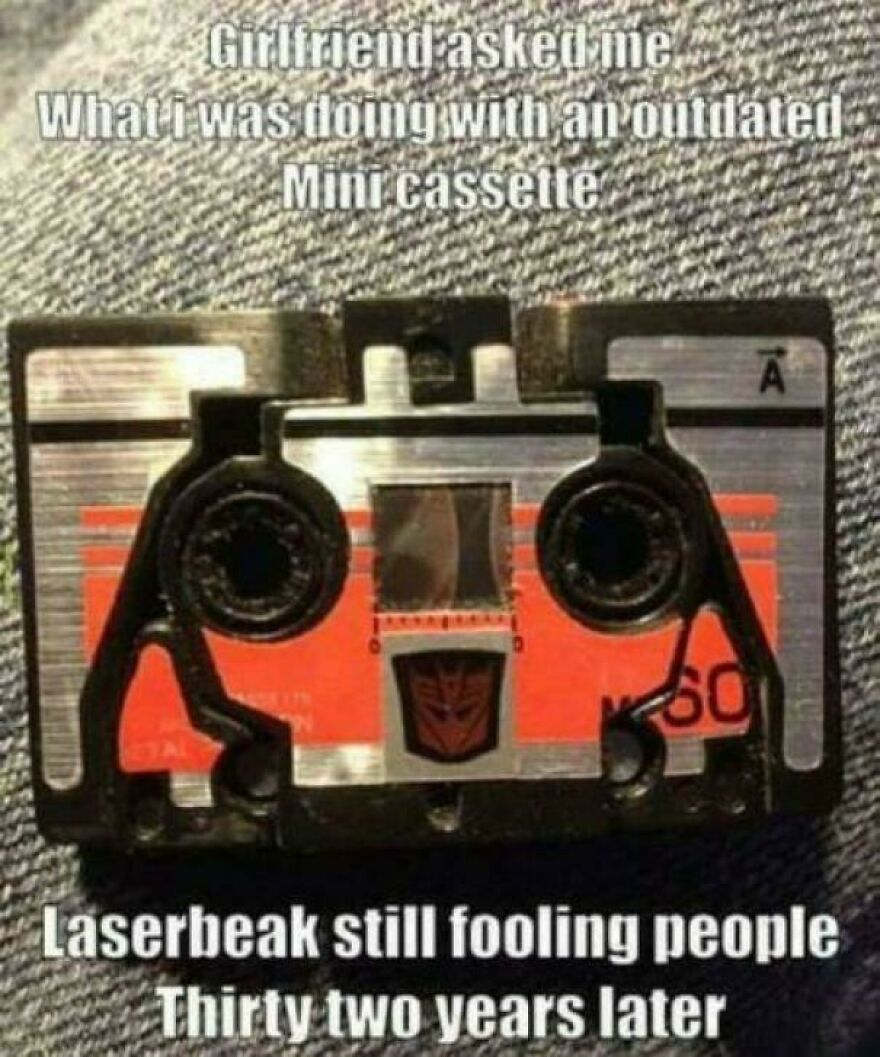 Mini cassette close-up with text about outdated technology from the 80s still fooling people decades later.