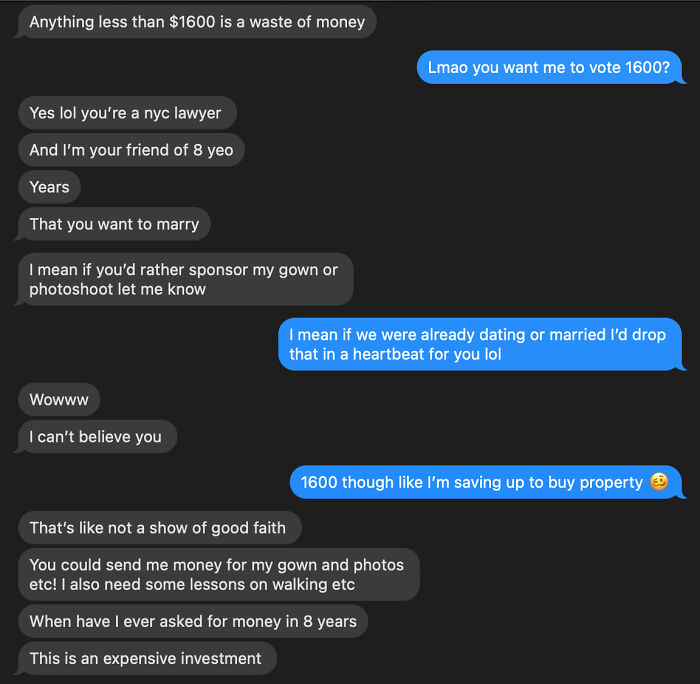 Text message exchange showing a friend asking for $1600, revealing true colors in a friendship shame post online.
