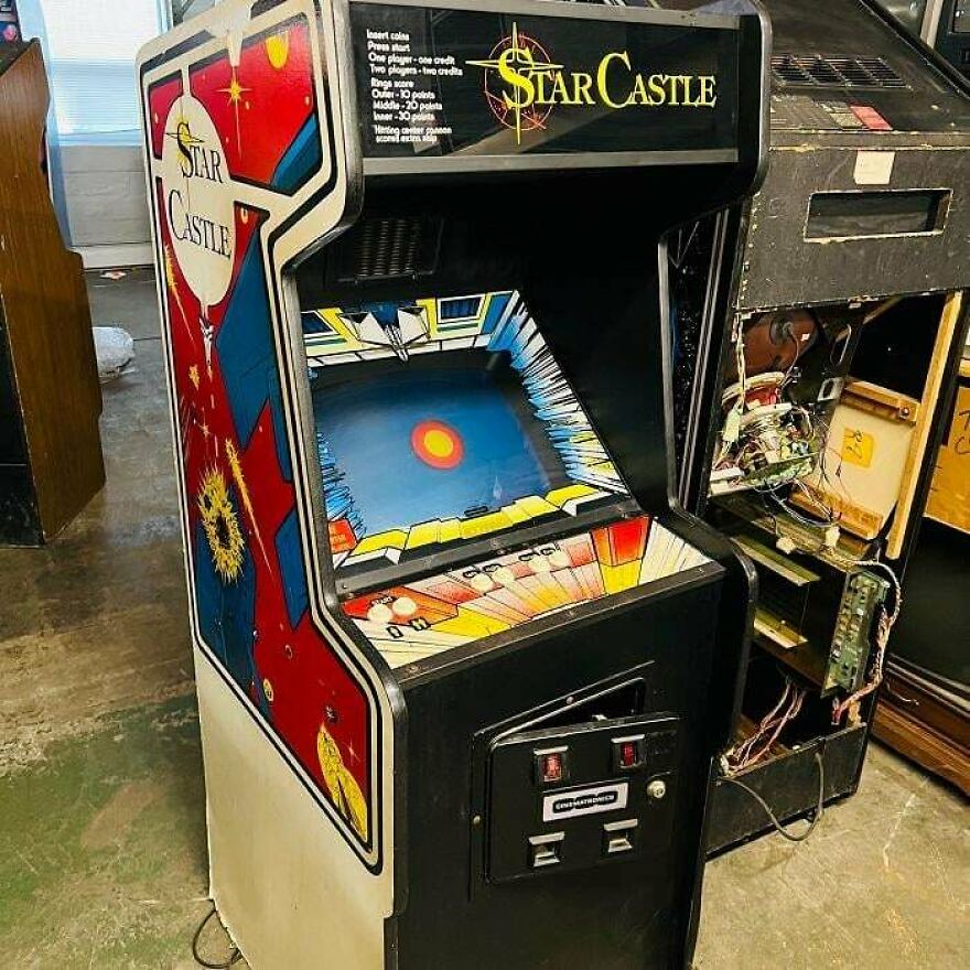 Vintage Star Castle arcade machine showcasing classic 80s gaming technology no longer common today.