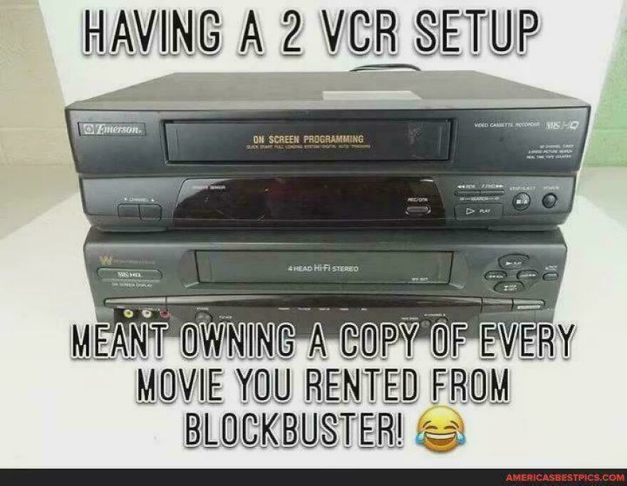 Two stacked VCRs representing 1980s technology and nostalgic moments from parts of our lives that don’t exist anymore.