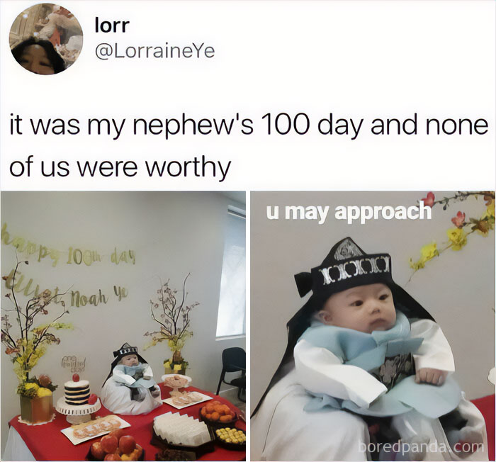 Baby in traditional outfit at a 100-day celebration, featured in funny and lighthearted safe-for-work memes.