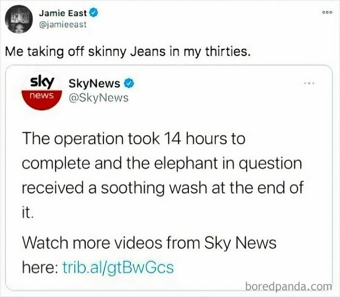 Tweet about taking off skinny jeans in thirties paired with a Sky News post on a lengthy elephant operation, a safe-for-work meme.