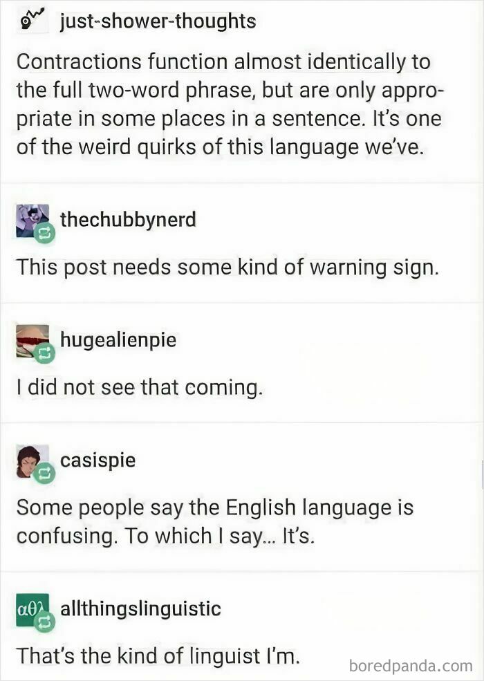 Funny meme about English contractions and language quirks, perfect for a relaxing evening with humor.