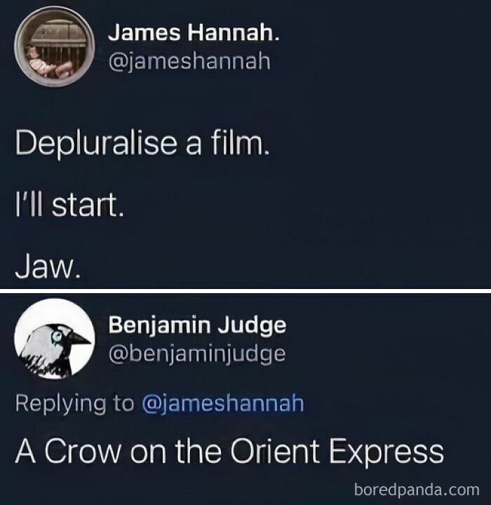 Funny Twitter exchange about depluralising film titles, perfect for memes in a relaxing evening.