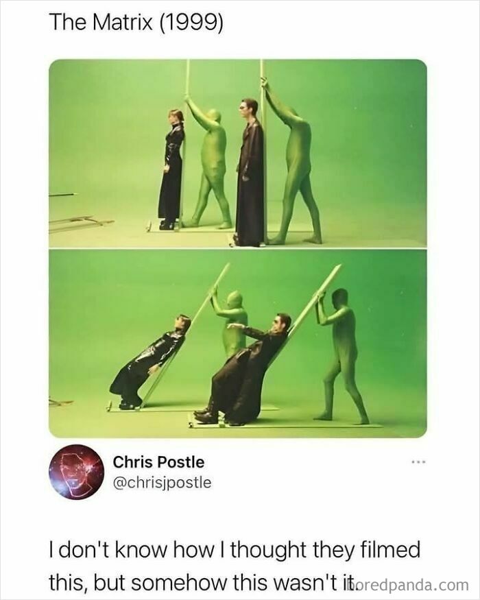 Behind-the-scenes meme from The Matrix showing actors and green screen crew in a funny setup for a relaxing evening.