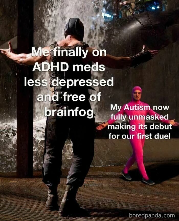 Funny meme showing a victorious character on ADHD meds facing a playful figure representing autism, perfect for a relaxing evening.