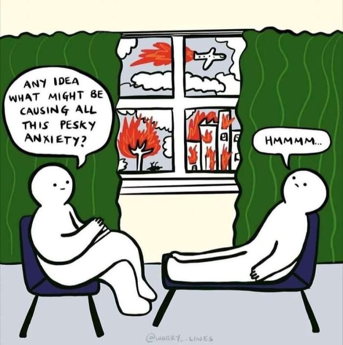 Cartoon showing two figures talking about anxiety with a chaotic burning scene outside the window, funny memes concept.