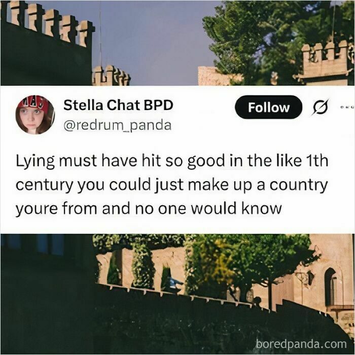 Funny meme tweet about lying and making up countries, perfect for a relaxing evening filled with humor and lightheartedness.