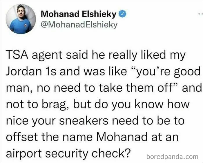 TSA agent compliments sneakers in a safe-for-work meme highlighting funny and lighthearted moments at airport security.