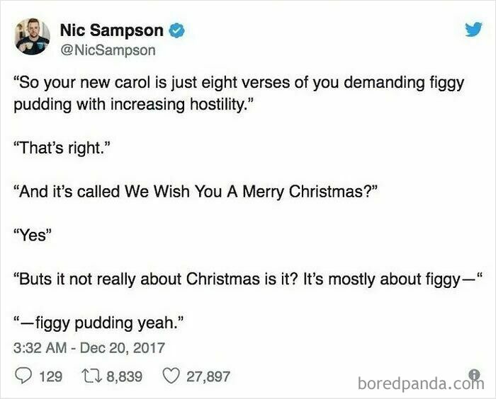 Tweet humor about figgy pudding in a lighthearted and safe-for-work meme about holiday traditions.