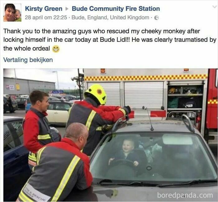 Firefighters rescue a child locked inside a car, highlighting a funny and lighthearted safe-for-work meme.