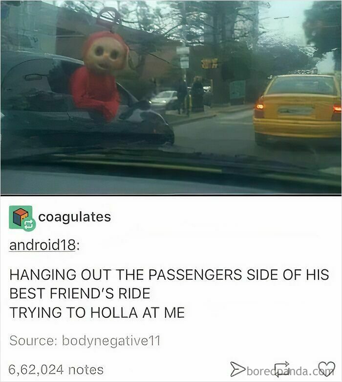 Funny meme showing a Teletubby hanging out of a car window, representing lighthearted safe-for-work humor.