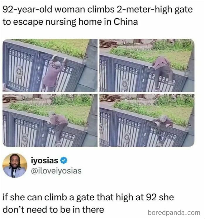 92-year-old woman climbing a 2-meter gate, a funny and lighthearted meme safe for work.