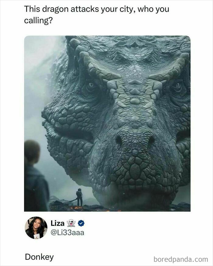 Close-up of a large dragon face next to a tiny person, a funny post to make your day a little better with humor and fantasy.