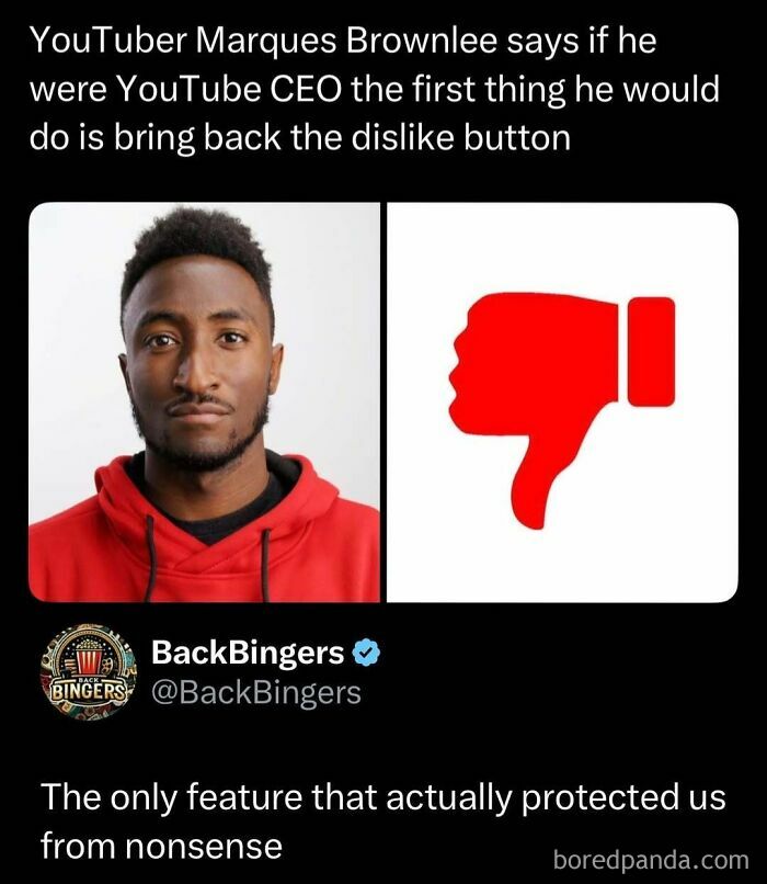 YouTuber Marques Brownlee discusses bringing back the dislike button in a funny and interesting post.