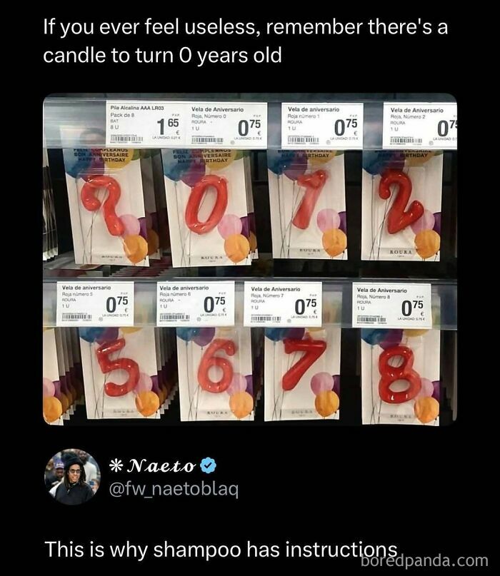 Red number candles from 0 to 8 displayed on shelves with funny caption about feeling useless, related to funny posts.