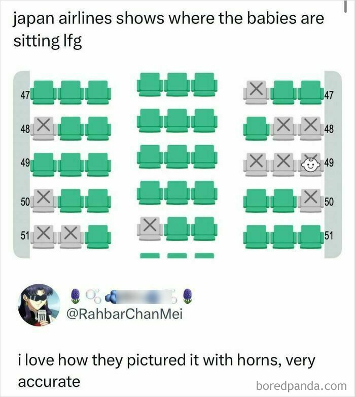 Diagram of Japan Airlines seating showing designated baby seats humorously highlighted with horns, a funny and interesting post.