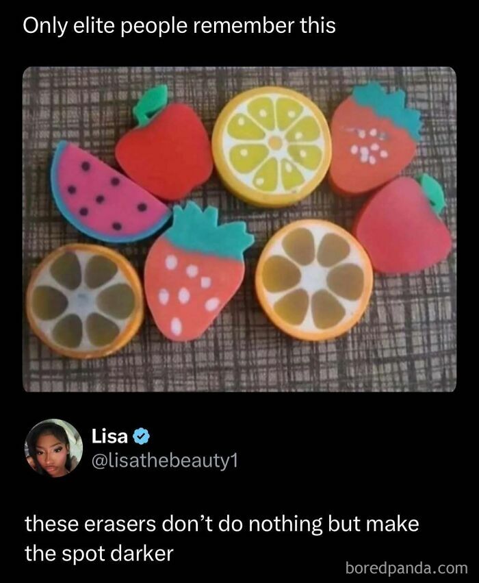 Colorful fruit-shaped erasers with a humorous caption about them making spots darker in funny and interesting posts.