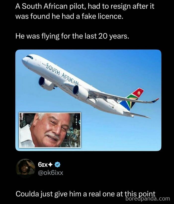 Funny post about a South African pilot with a fake license flying for 20 years, illustrating interesting and funny content.