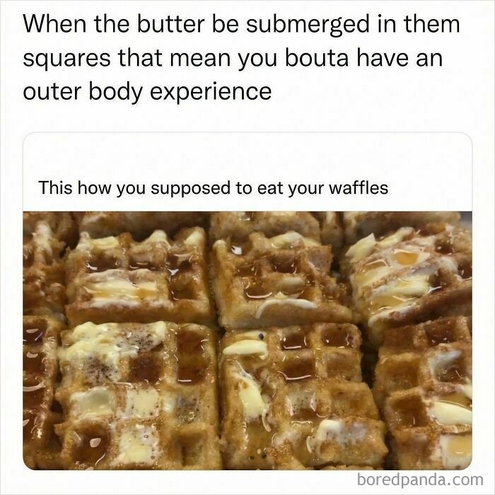 Close-up of waffles with melted butter submerged in squares, perfect for a relaxing evening enjoying funny memes.