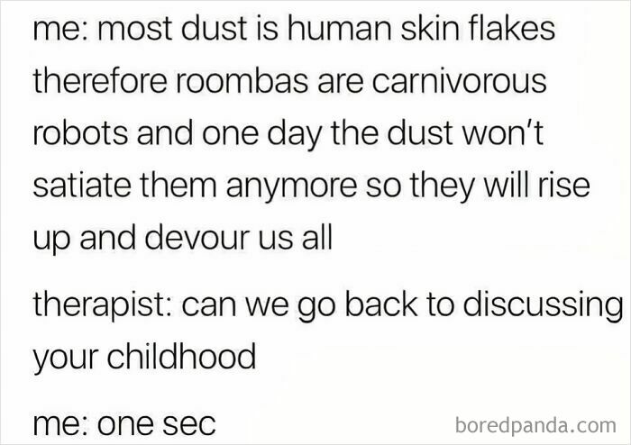 Funny meme text about Roombas as carnivorous robots, perfect for a relaxing evening and sharing laughs.