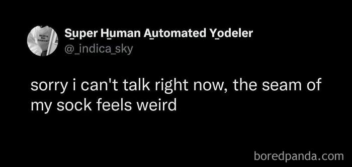 Funny meme text about not talking because the seam of a sock feels weird, perfect for a relaxing evening.