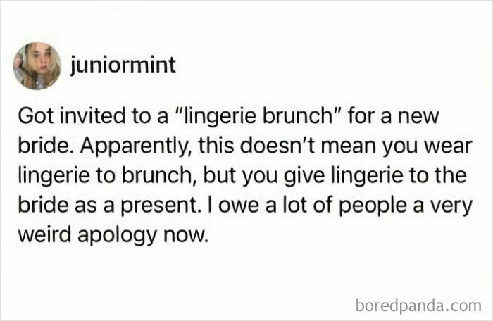 Funny meme text about misunderstanding a lingerie brunch, perfect for a relaxing evening with humorous memes.