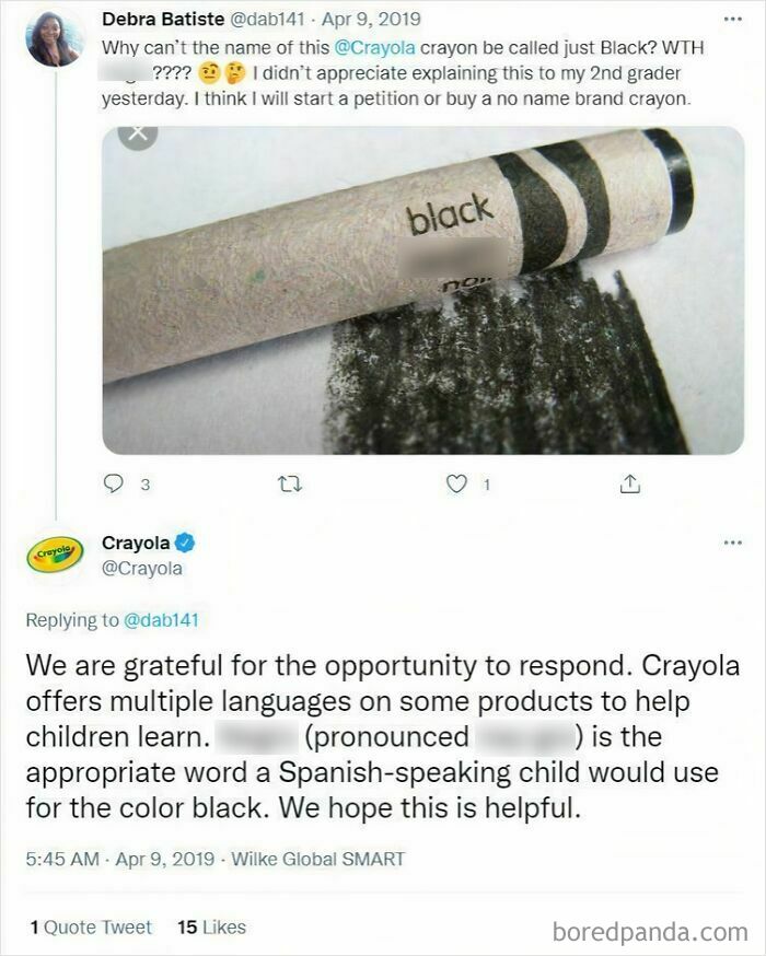 Twitter thread showing a debate about Crayola crayon names illustrating confusing and depressing posts.