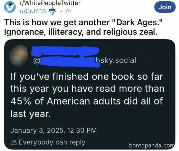 Social media post highlighting low reading rates among American adults, reflecting depressing posts about living in stupid times.