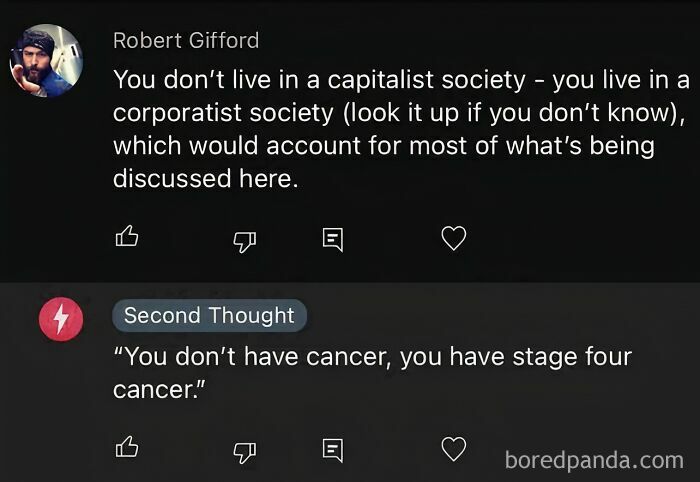Screenshot of online comments highlighting depressing posts reflecting the stupidest time in history and societal critiques.