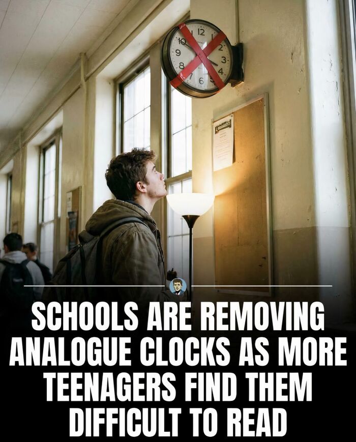 Teenager looking at an analogue clock with a red cross, highlighting the trend of removing clocks in schools due to reading difficulties.