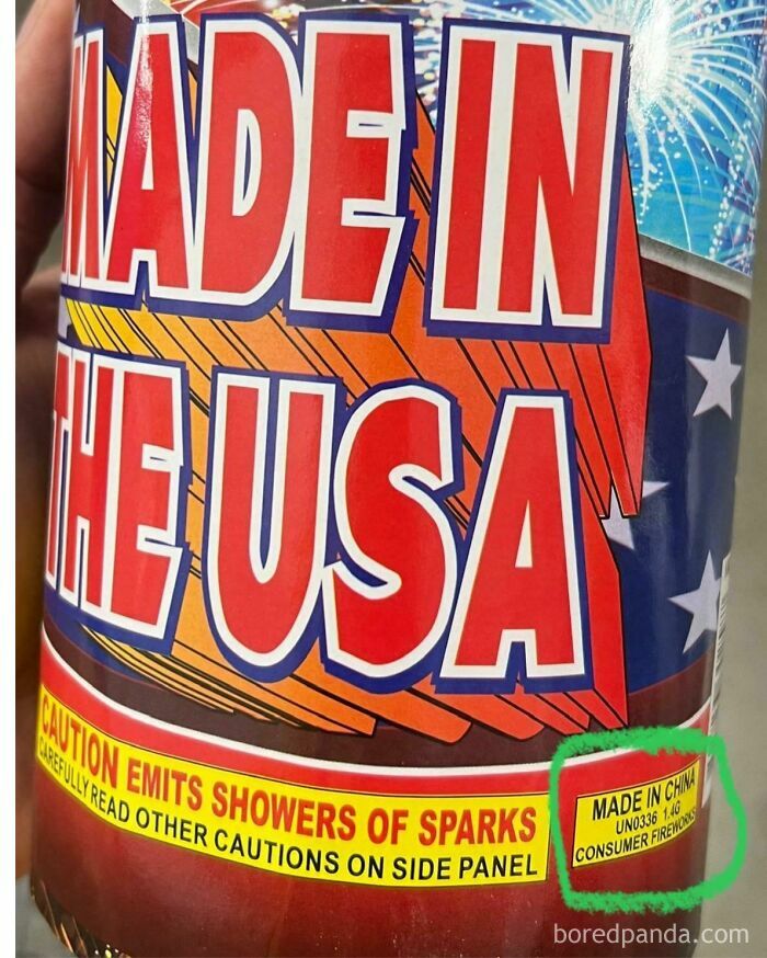 Firework labeled made in the USA with a small label showing made in China, highlighting a depressing sign of our times.