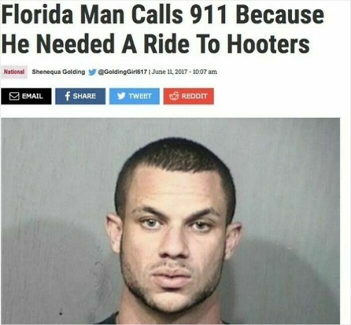 Mugshot of a Florida man who called 911 for a ride to Hooters, illustrating gut warnings about unusual behavior.
