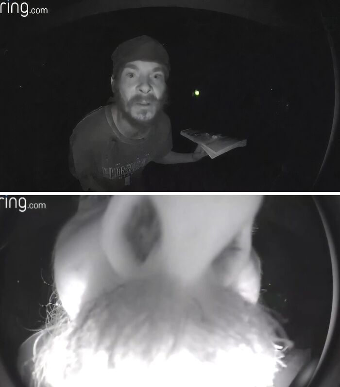 Man caught on Ring doorbell camera delivering a package, highlighting gut warnings about suspicious behavior at night.