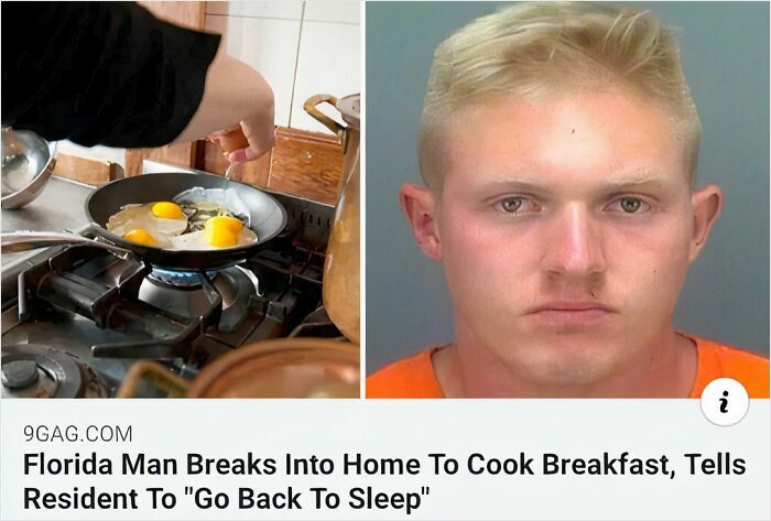 Split image showing a person cooking eggs on a stove and a mugshot of a man linked to gut warnings about something horrible.