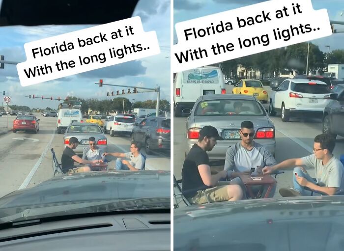 Three men sitting in a grocery cart playing cards in the middle of Florida traffic, showing a strange gut warning moment.