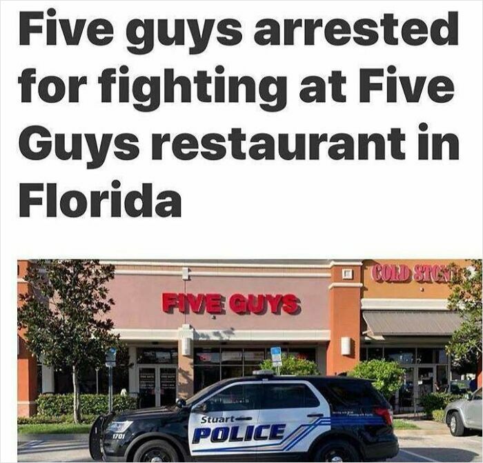 Police car parked outside Five Guys restaurant in Florida after reported fight and arrests triggered gut warnings of trouble.