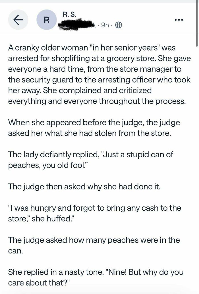 A screenshot of a hilarious neighborhood online community post about an older woman arrested for shoplifting peaches.