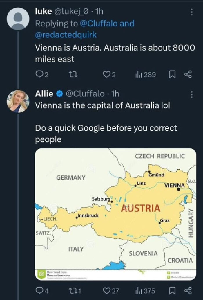 A social media post with a map of Austria, showcasing how Americans Confidently Posted incorrect geography facts.