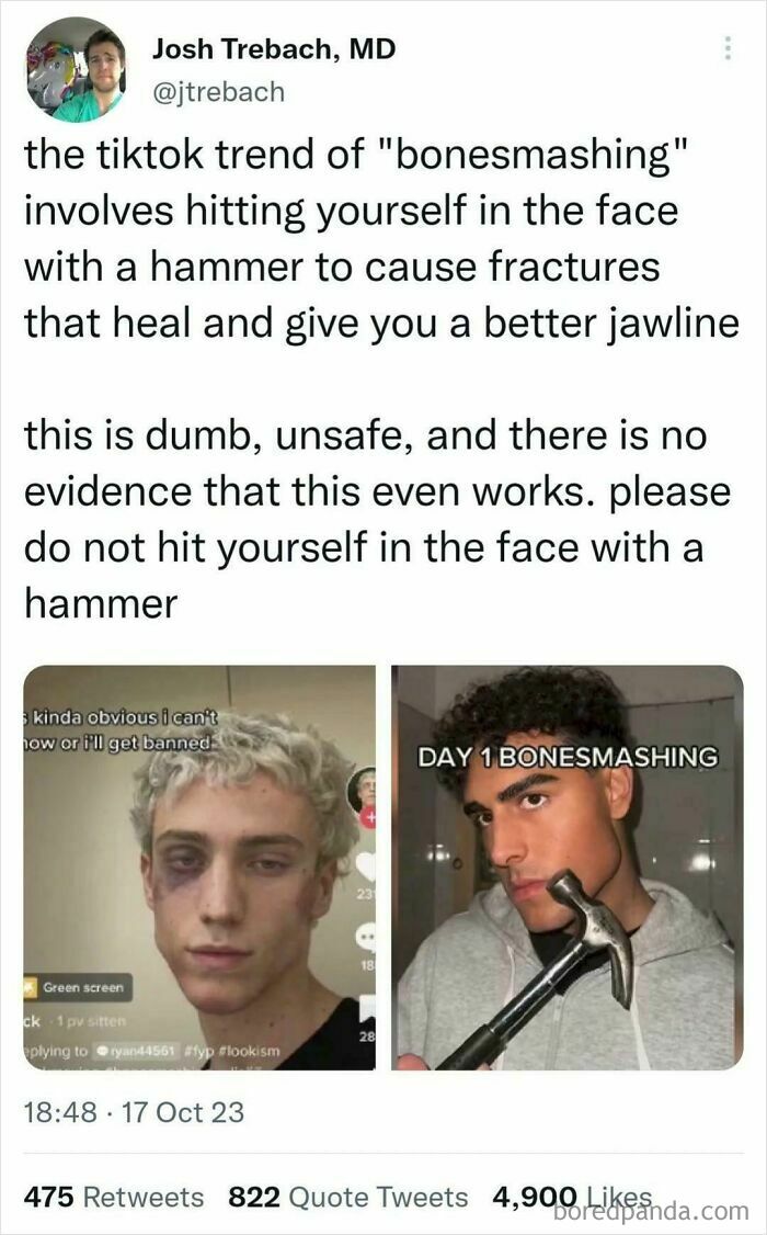 Tweet explaining the dangerous TikTok trend of bonesmashing, highlighting unsafe behavior in modern online challenges.