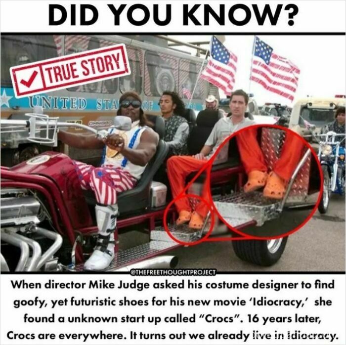 Group of people riding a patriotic-themed vehicle highlighting Crocs shoes, illustrating a scene related to idiocracy and modern culture.