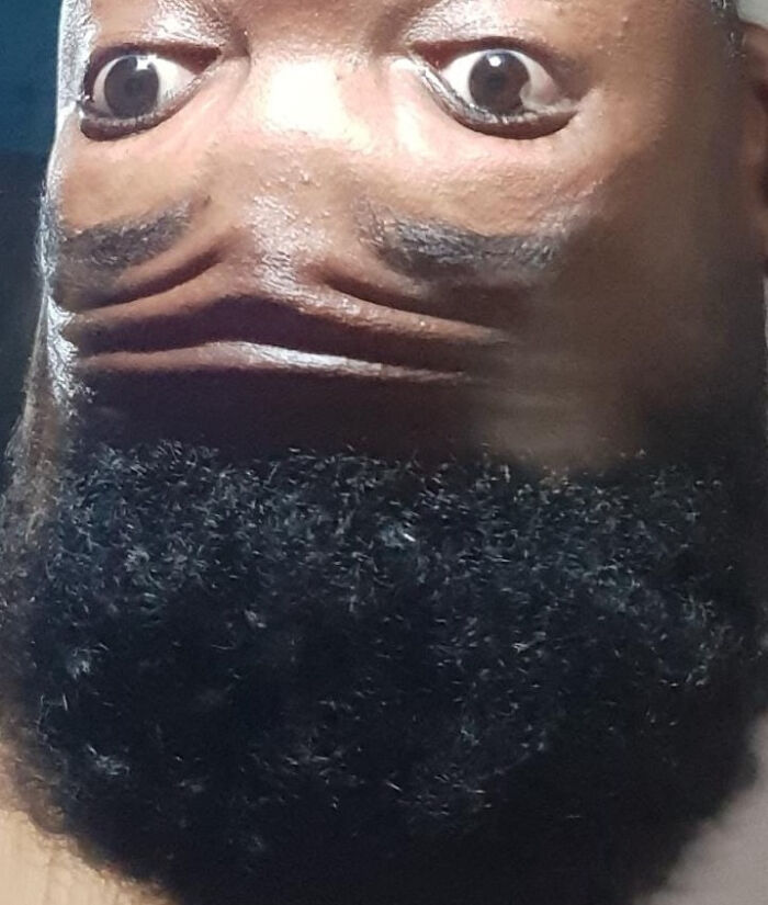 An upside-down face with wide eyes and a full beard, creating a humorous, weird visual that might make you want to fix it.
